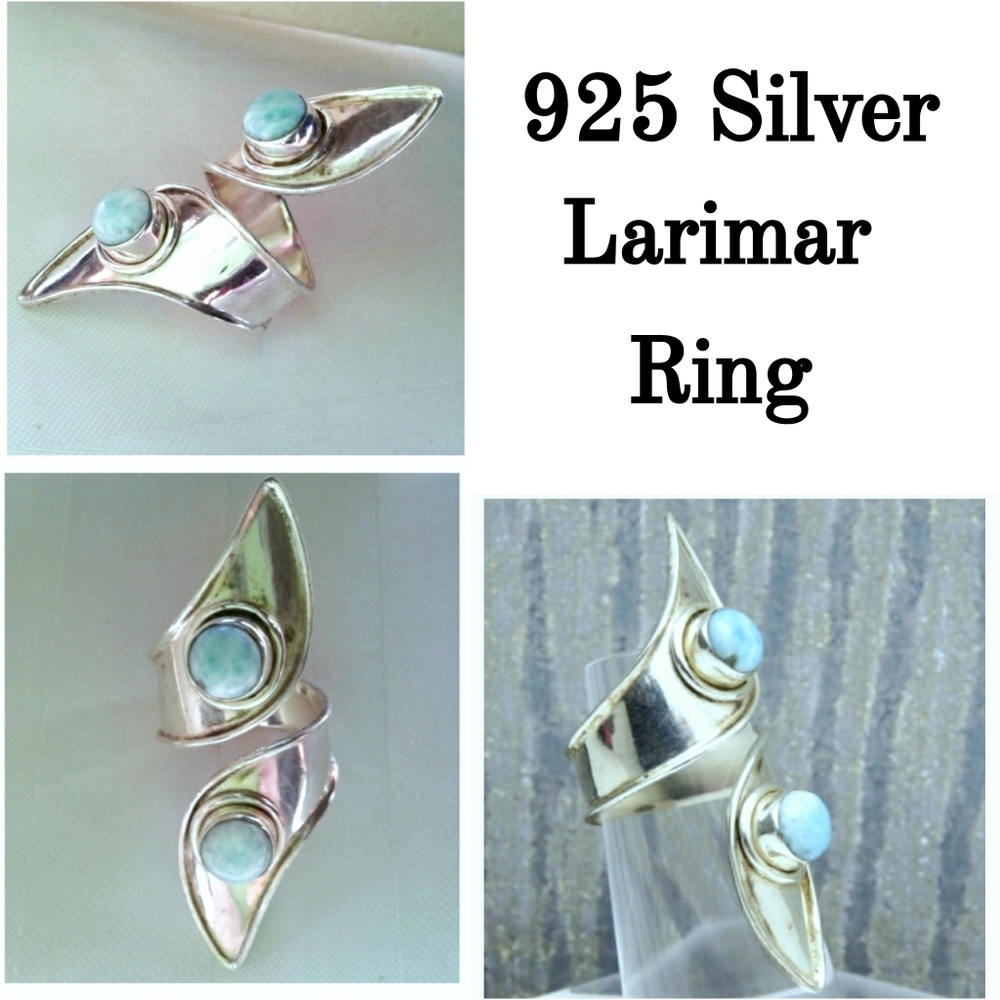 Larimar Southwest Artisan Bypass Ring 925 Sterling Silver adjustable unique